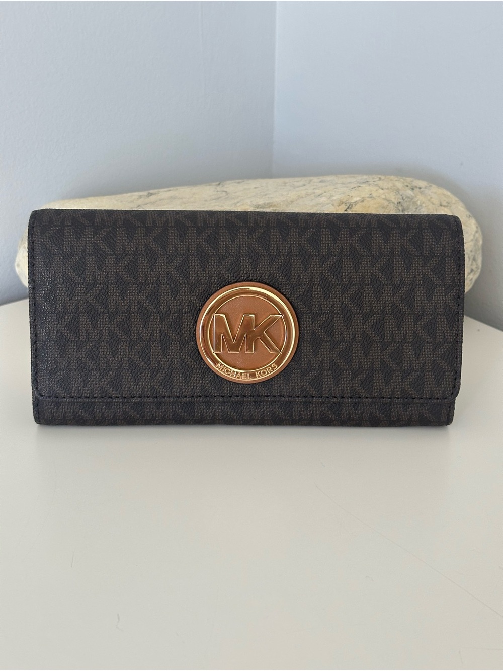 Michael Kors Dark Brown Signature Continental Wallet with Gold MK Medallion